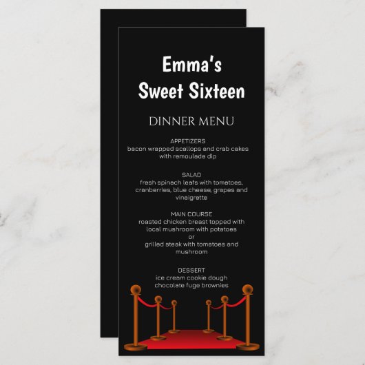 レッドカースタイリッシュペットハリウッドスウィート16誕生日 メニュー (正面/裏面)