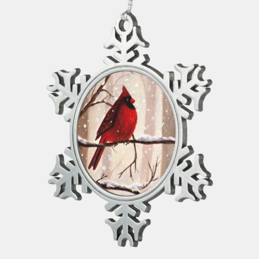 レッドカーディアナルクリスマス飾り スノーフレークピューターオーナメント (右)