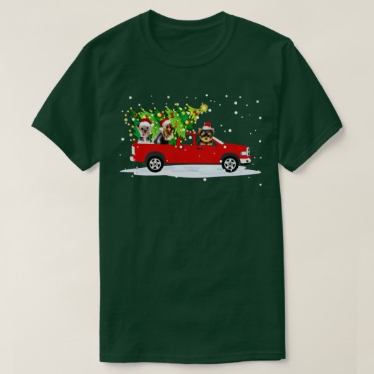 レッドカートラッククリスマスツリーおもしろいサンタクリスマス犬 Tシャツ (デザイン正面)