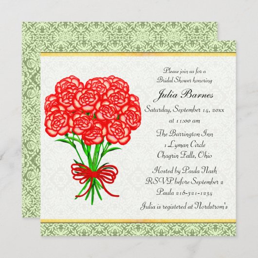 レッドカーネーションズガーデンブーケブライダルシャワー招待状 招待状 (正面/裏面)