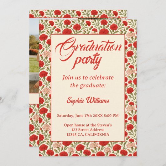 レッドカーネーション花花卒業招待状 招待状 (正面/裏面)