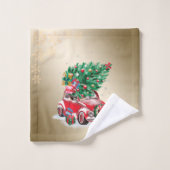 レッドカーパインツリープレゼントクリスマス、雪片 バスタオルセット (ウォッシュタオル)