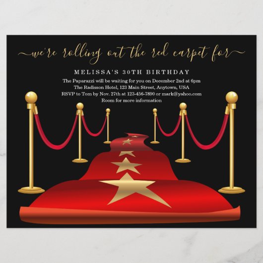 レッドカーペットをテーマにしたパーティーフェイクとゴールドフォイルフライヤー チラシ (正面)