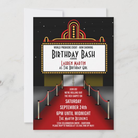 レッドカーペットシアターバースデーパーティーへの招待 招待状 (正面)