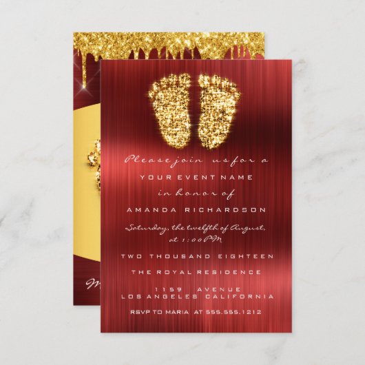 レッドカーペットドリップス王室の金ゴールド赤ちゃんシャワー足少年 招待状 (正面/裏面)