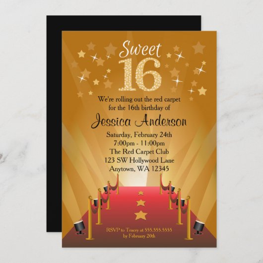 レッドカーペットハリウッドスタースウィート16誕生日 招待状 (正面/裏面)