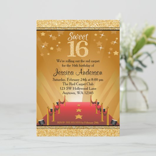 レッドカーペットハリウッドスター金ゴールドスウィート16誕生日 招待状 (スタンド正面)