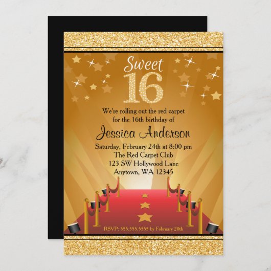 レッドカーペットハリウッドスター金ゴールドスウィート16誕生日 招待状 (正面/裏面)
