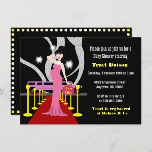 レッドカーペットハリウッドベビーシャワー招待状ガール 招待状 (正面/裏面)