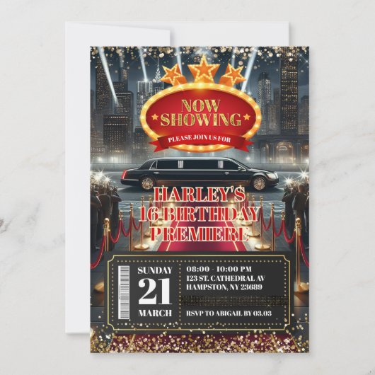 レッドカーペットハリウッドムービープレミア誕生日 招待状 (正面)