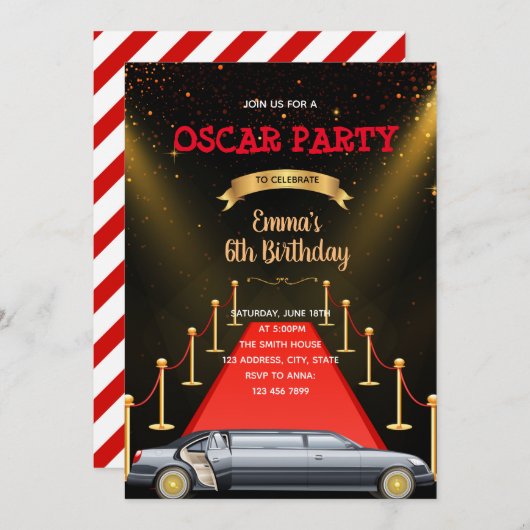 レッドカーペットリムジンの誕生日の招待状 招待状 (正面/裏面)