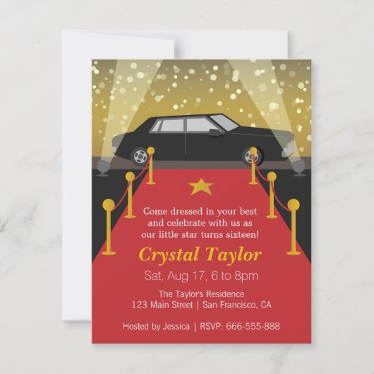 レッドカーペット、ハリウッドテーマパーティー、女の子の誕生日 招待状 (正面)