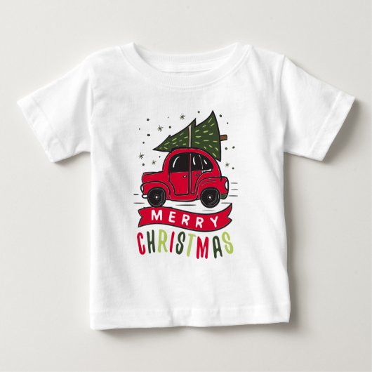レッドカーメリークリスマスカラフルツリーおもしろいTシャツ ベビーTシャツ (正面)