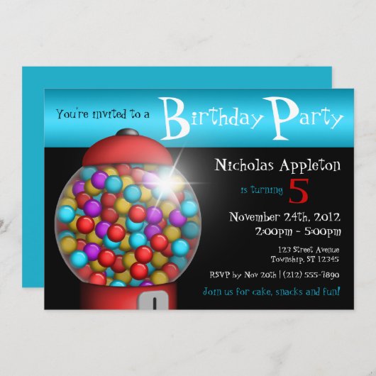 レッドガンボールマシンアクアバースデーパーティーの招待 招待状 (正面/裏面)