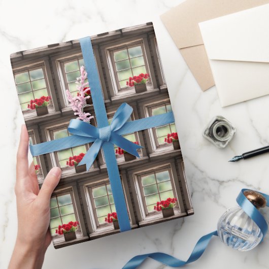 レッドガーベラデイジーズインファームハウスウィンドウ ラッピングペーパー (ギフト)