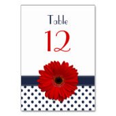 レッドガーベラデイジーネイビーブルーホワイト水玉模様結婚ズ テーブルナンバー (正面)