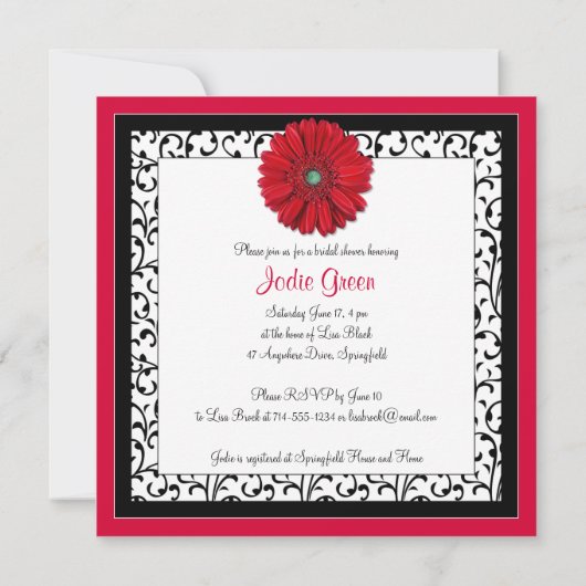 レッドガーベラデイジーブライダルシャワー招待 招待状 (裏面)
