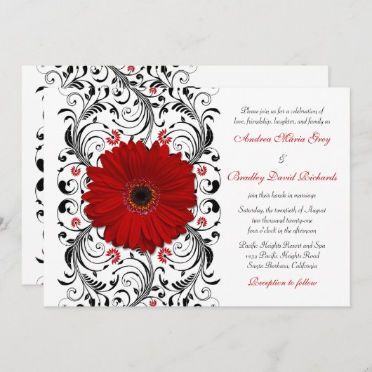 レッドガーベラデイジーブラックフローラ結婚式招待状 招待状 (正面/裏面)