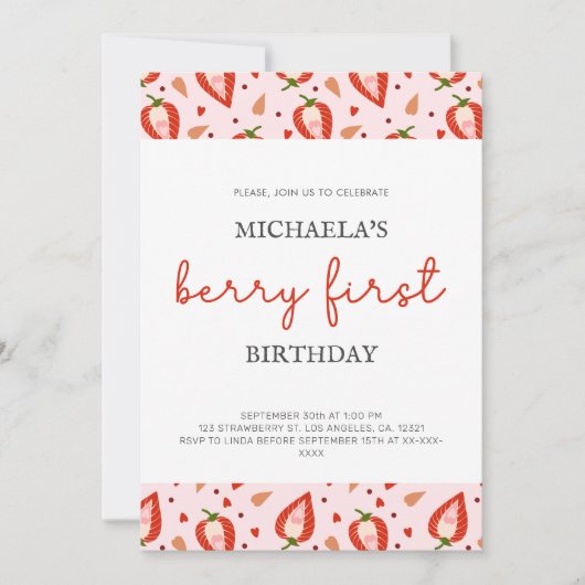 レッドガールベリーファースト誕生日 招待状 (正面)