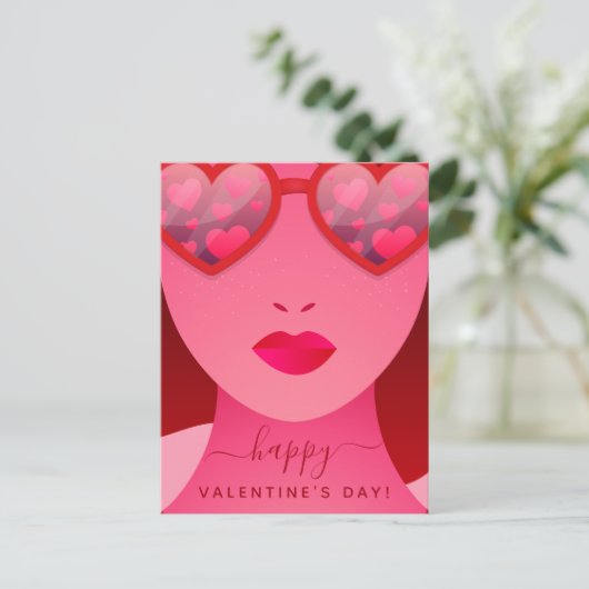 レッドガールモデル顔ハートサングラスラブネーム シーズンポストカード (スタンド正面)