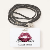 レッドキスリップグリッターメイクアップアーティストビジネス バッジ (裏面ランヤード)
