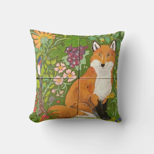 レッドキツネグリーンウッドランドタイルカラフルフォークアート クッション (正面)