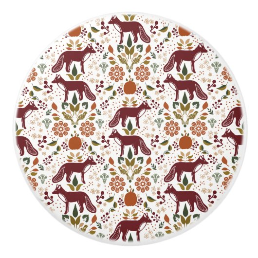 レッドキツネフォークアートノブがハードウェ素朴アを引く セラミックノブ (正面)