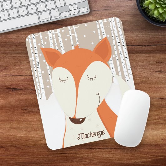 レッドキツネ樺の木ツリーウィンターウッドランド マウスパッド