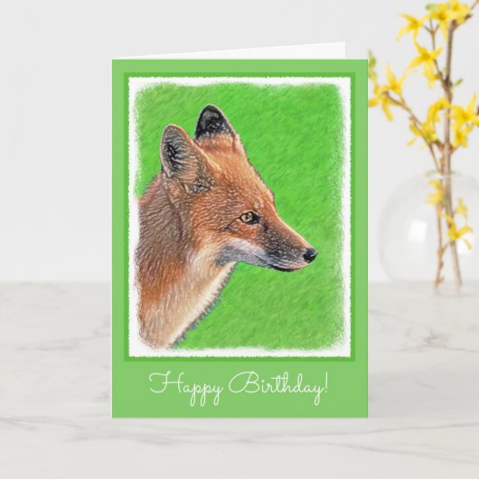 レッドキツネ絵画ズ – オリジナル野生動物アート カード (黄色い花)