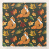 レッドキツネ葉ズコーン緑 ガラスコースター (正面)