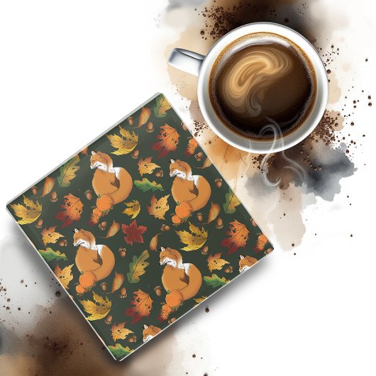 レッドキツネ葉ズコーン緑 ガラスコースター