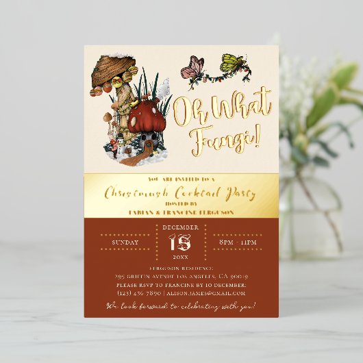 レッドキモダンャッシュマメリーークリスマスホリデーパーティー 箔招待状 (立ち正面)