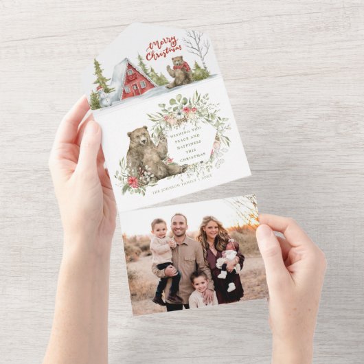 レッドキャビン・イン・ザ・ウッド | フォトクリスマス オールインワン招待状 (貼ってはがせる)