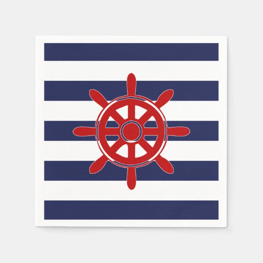 レッドキャプテンズホイール&ネイビー横ストライプ線 スタンダードカクテルナプキン (正面)