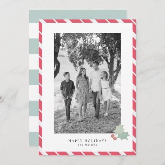 レッドキャンディストライプーモダンケイン写真ホリデーカード 招待状 (正面/裏面)