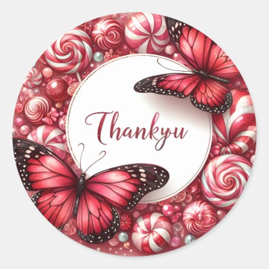 レッドキャンディバタフライありがとうステッカー ラウンドシール (正面)