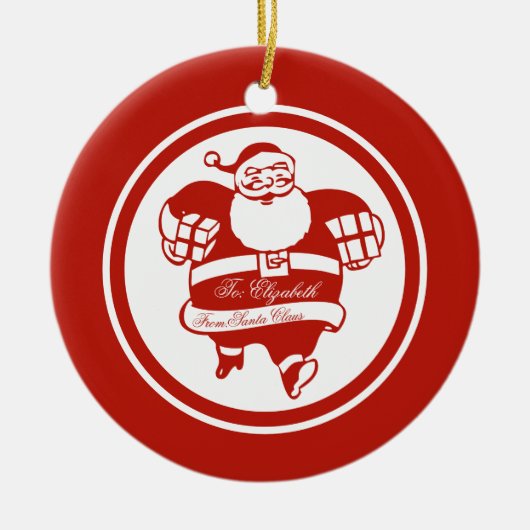 レッドキュイおもしろいーサンタクロース名前をカスタムするまたは文字 セラミックオーナメント (正面)