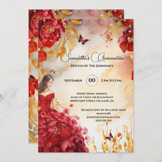 レッドキンセアニラ牡丹のフローラ花 招待状 (正面/裏面)