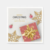 レッドギフトボックスクリスマスボール金ゴールド雪片 スタンダードカクテルナプキン (正面)