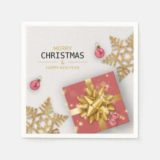 レッドギフトボックスクリスマスボール金ゴールド雪片 スタンダードカクテルナプキン (正面)