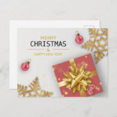 レッドギフトボックス金ゴールド雪片クリスマスボール シーズンポストカード (正面/裏面)