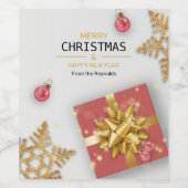 レッドギフトボックス金ゴールド雪片クリスマスボール ワインラベル (シングルラベル)