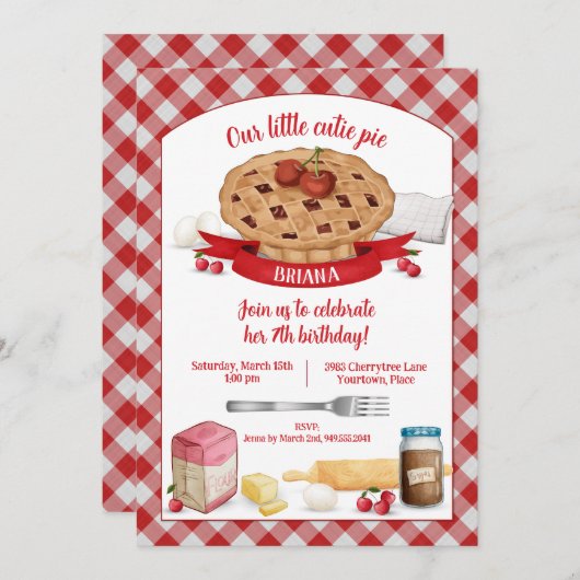 レッドギンガムさくらんぼかわいこちゃんパイ誕生日パーティー 招待状 (正面/裏面)