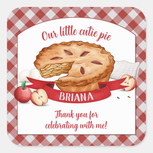 レッドギンガムアップルかわいこちゃんパイ誕生日パーティー スクエアシール (正面)
