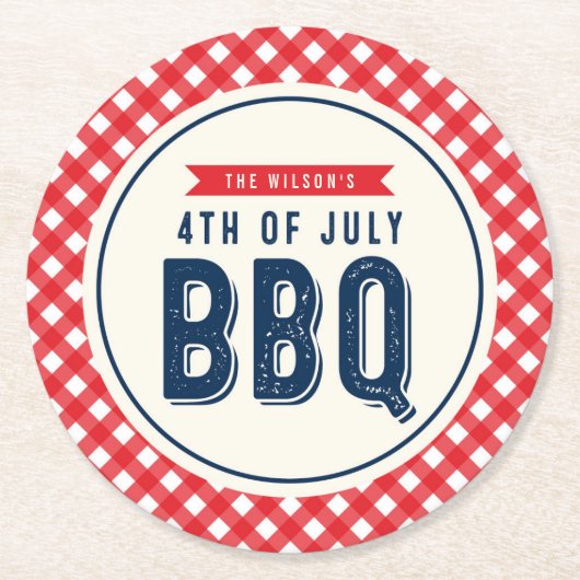 レッドギンガムアンドブルー7月4日BBQ ラウンドペーパーコースター (正面)