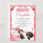 レッドギンガムカウウ誕生日ファームアニマルズ納屋周囲の庭 招待状 (正面)