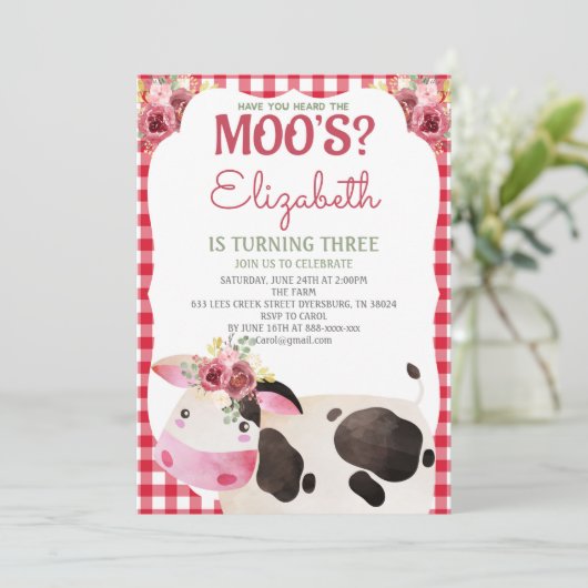 レッドギンガムカウウ誕生日ファームアニマルズ納屋周囲の庭 招待状 (スタンド正面)