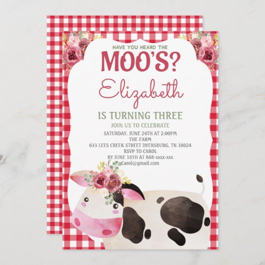 レッドギンガムカウウ誕生日ファームアニマルズ納屋周囲の庭 招待状 (正面/裏面)