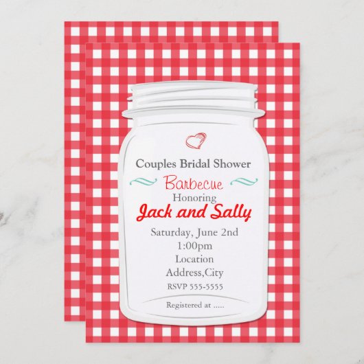 レッドギンガムカントリー素朴メイソンジャー招待状 招待状 (正面/裏面)