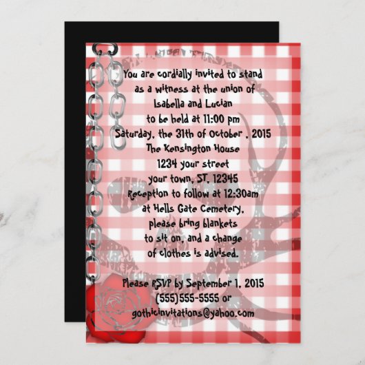 レッドギンガムスカルロカビリーゴシック結婚ズ 招待状 (正面/裏面)